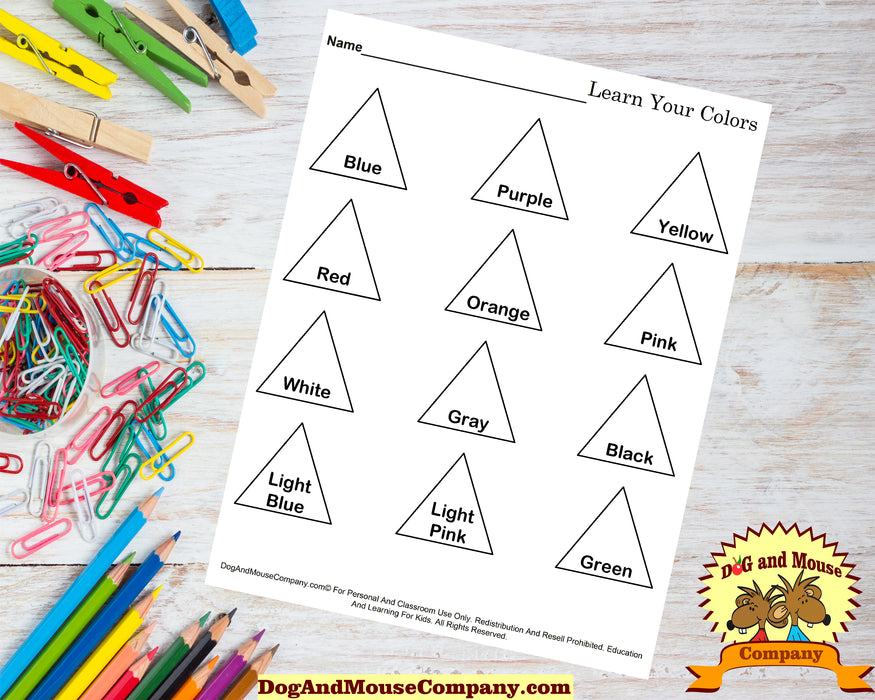 Learn your colors with triangles coloring page worksheet printable dig â dog and mouse pany