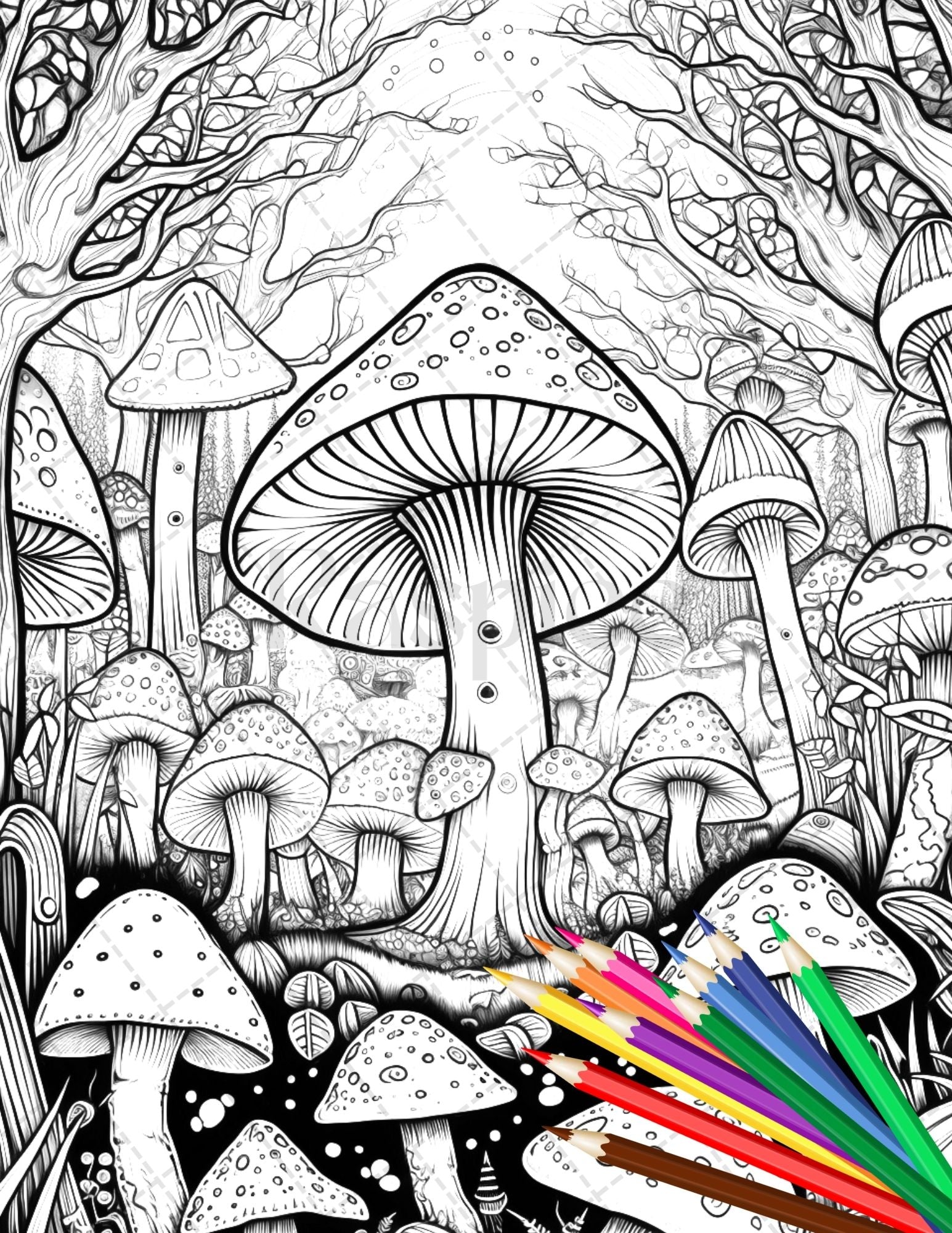 Psychedelic mushroom forest coloring book printable for adults trippy â coloring