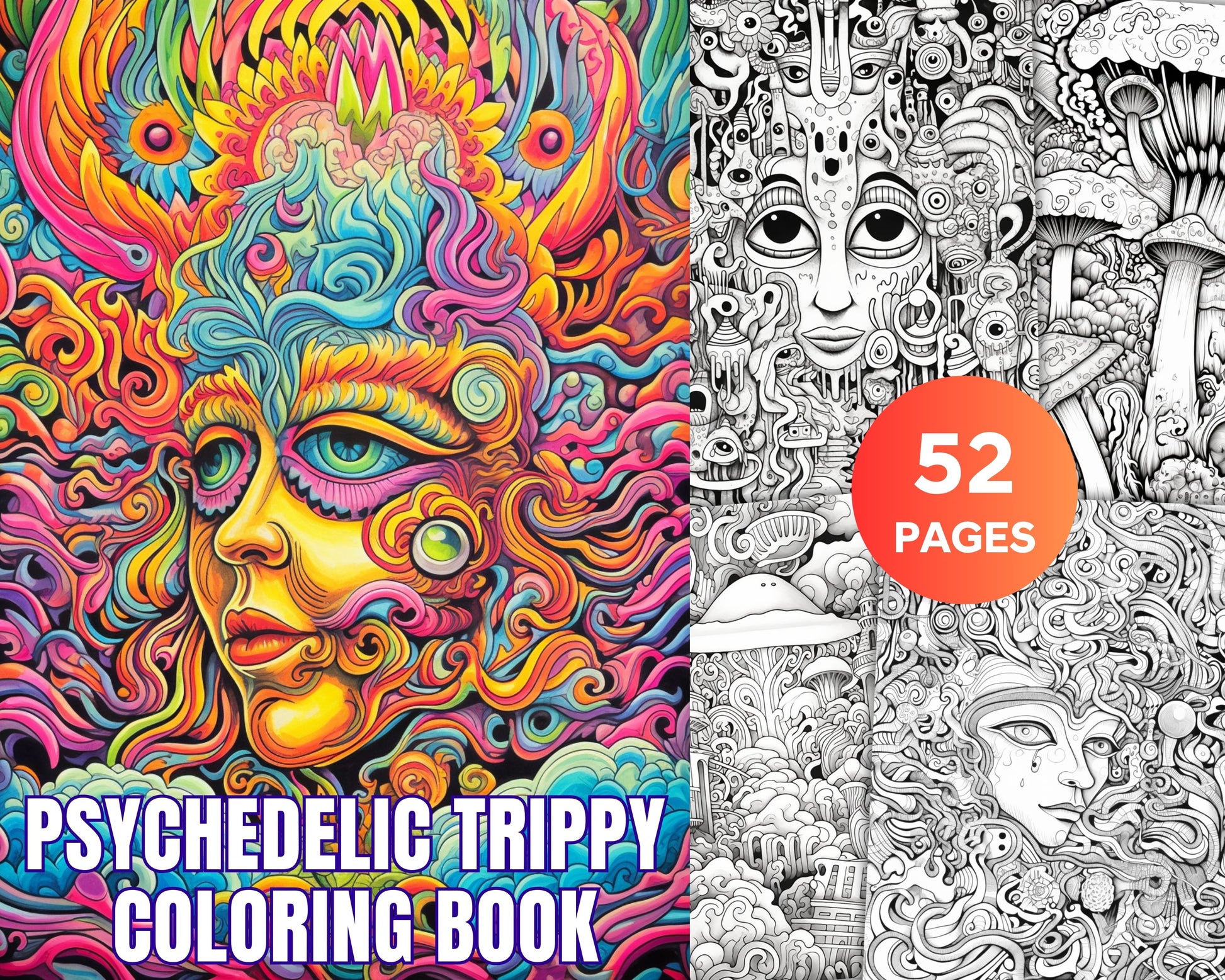 Psychedelic trippy coloring book printable for adults grayscale color â coloring