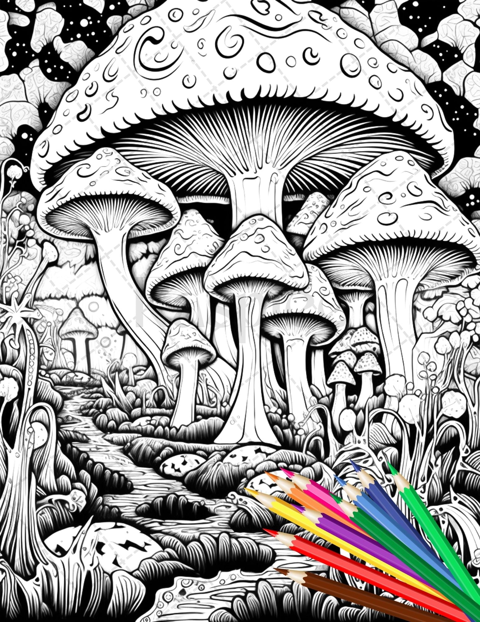 Psychedelic mushroom forest coloring book printable for adults trippy â coloring