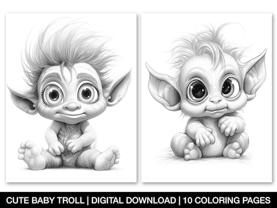 Cute troll baby digital coloring pages adults and kids colouring books instant download grayscale coloring page printable coloring book