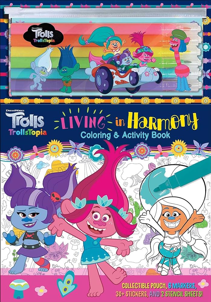 Dreamworks trolls trollstopia living in harmony coloring activity book marker pouch acampora courtney books