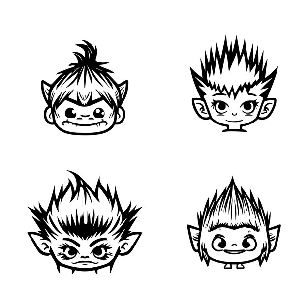 Premium vector cute anime troll head collection set hand drawn line art illustration