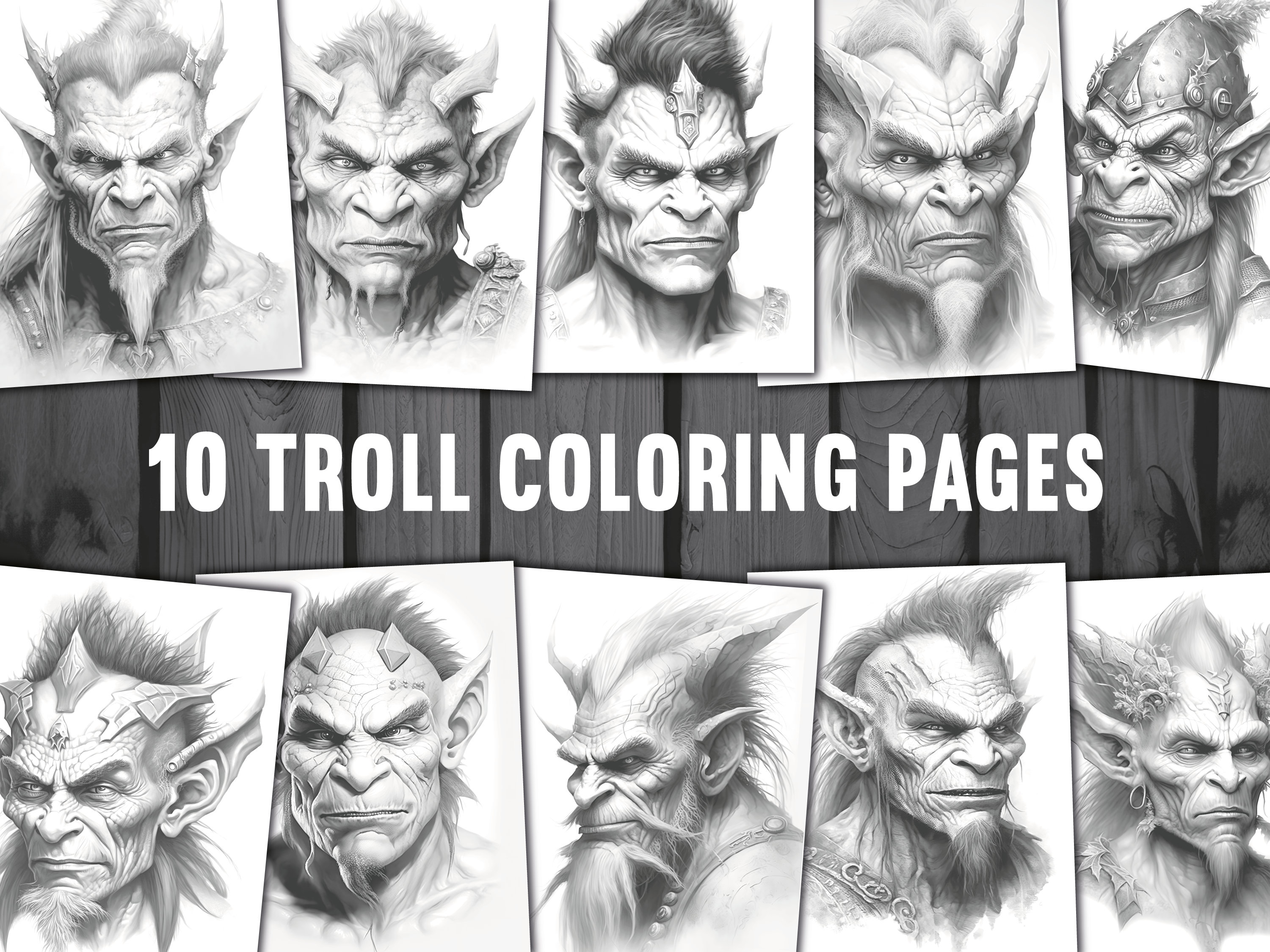 Dark trolls coloring book adults kids coloring pages instant download grayscale coloring book printable pdf file download now