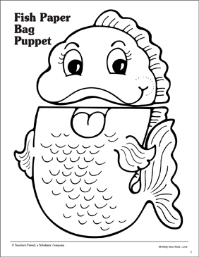 Fish paper bag puppet pattern printable arts and crafts skills sheets