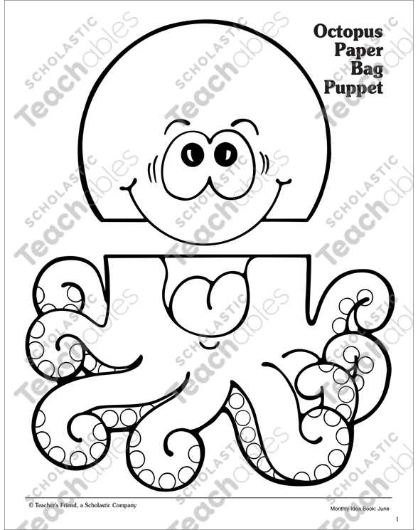 Octopus paper bag puppet pattern printable arts and crafts skills sheets