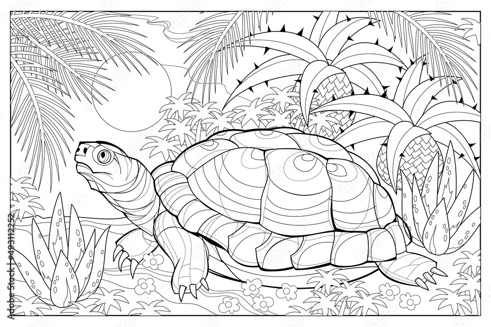 Illustration of cute turtle coloring book for children and adults image in zentangle style printable page for drawing and meditation black and white vector vector