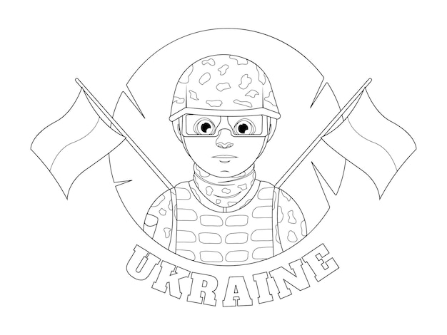 Premium vector coloring page military guy with the ukrainian flag and the inscription ukraine