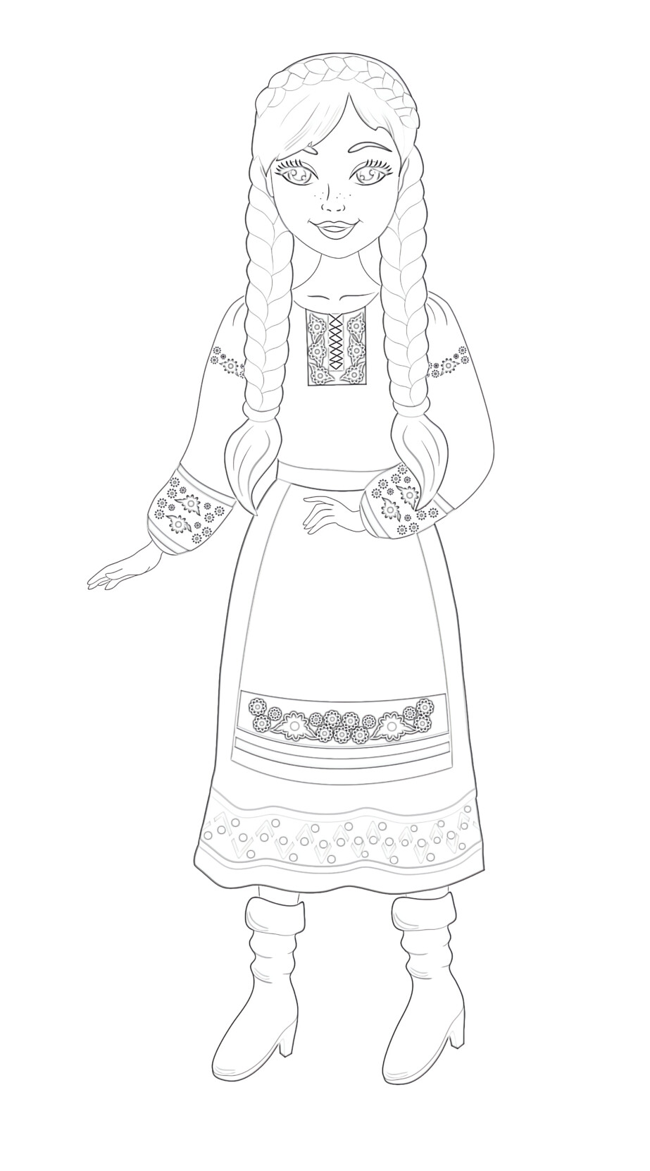 Beautiful ukrainian girl in national ukrainian costume coloring page