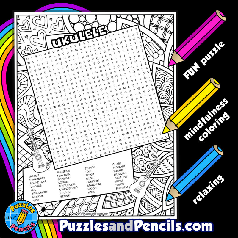 Ukulele word search puzzle activity page with coloring music wordsearch made by teachers