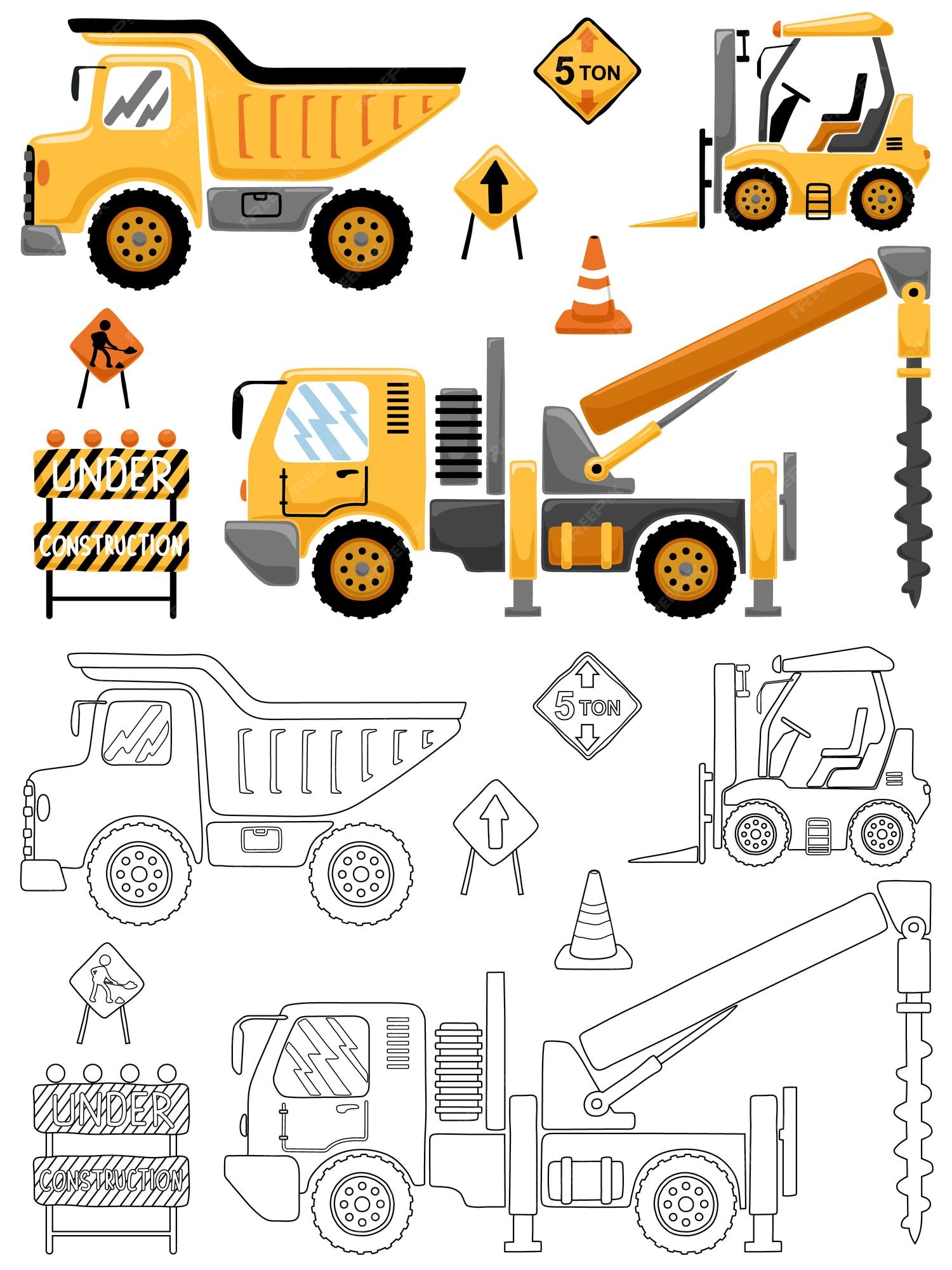 Premium vector vector illustration of hand drawn construction vehicles with construction signs coloring book or page