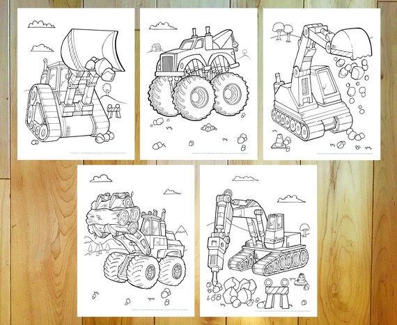 Cute construction vehicles coloring page set downloadable pdf files