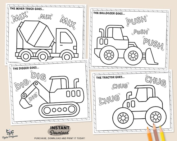 Construction trucks coloring pages printable kids party games tractor birthday favor homeschool printable sheet builder activity