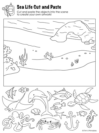 Sea life cut and paste activity coloring pages â tims printables