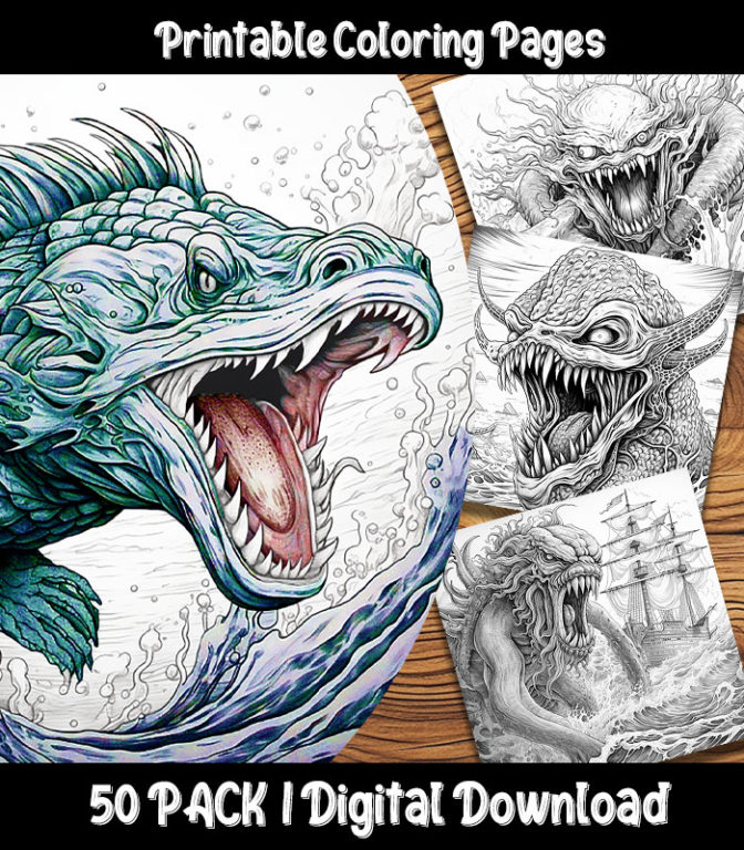 Sea monster coloring pages digital pack happy colorist