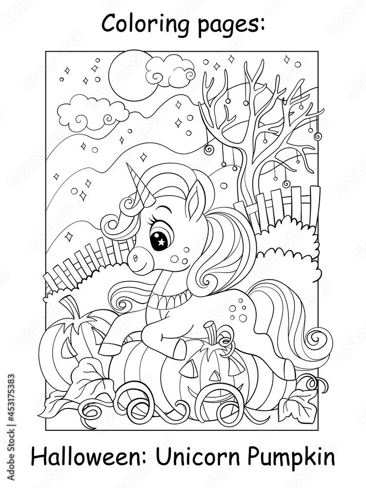 Coloring book page cute unicorn lying on pumpkin vector