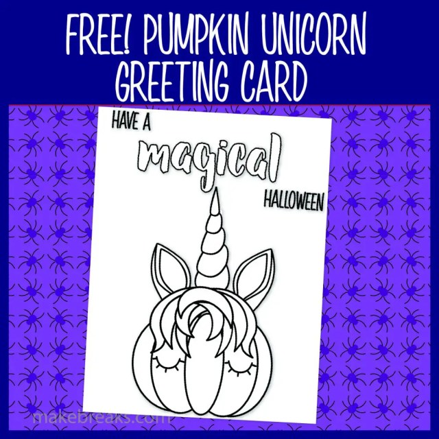 Free unicorn pumpkin halloween coloring card