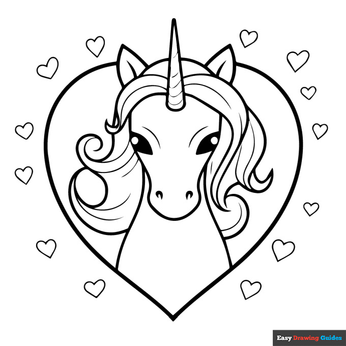 Valentines unicorn coloring page easy drawing guides