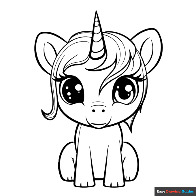 Sitting baby unicorn coloring page easy drawing guides