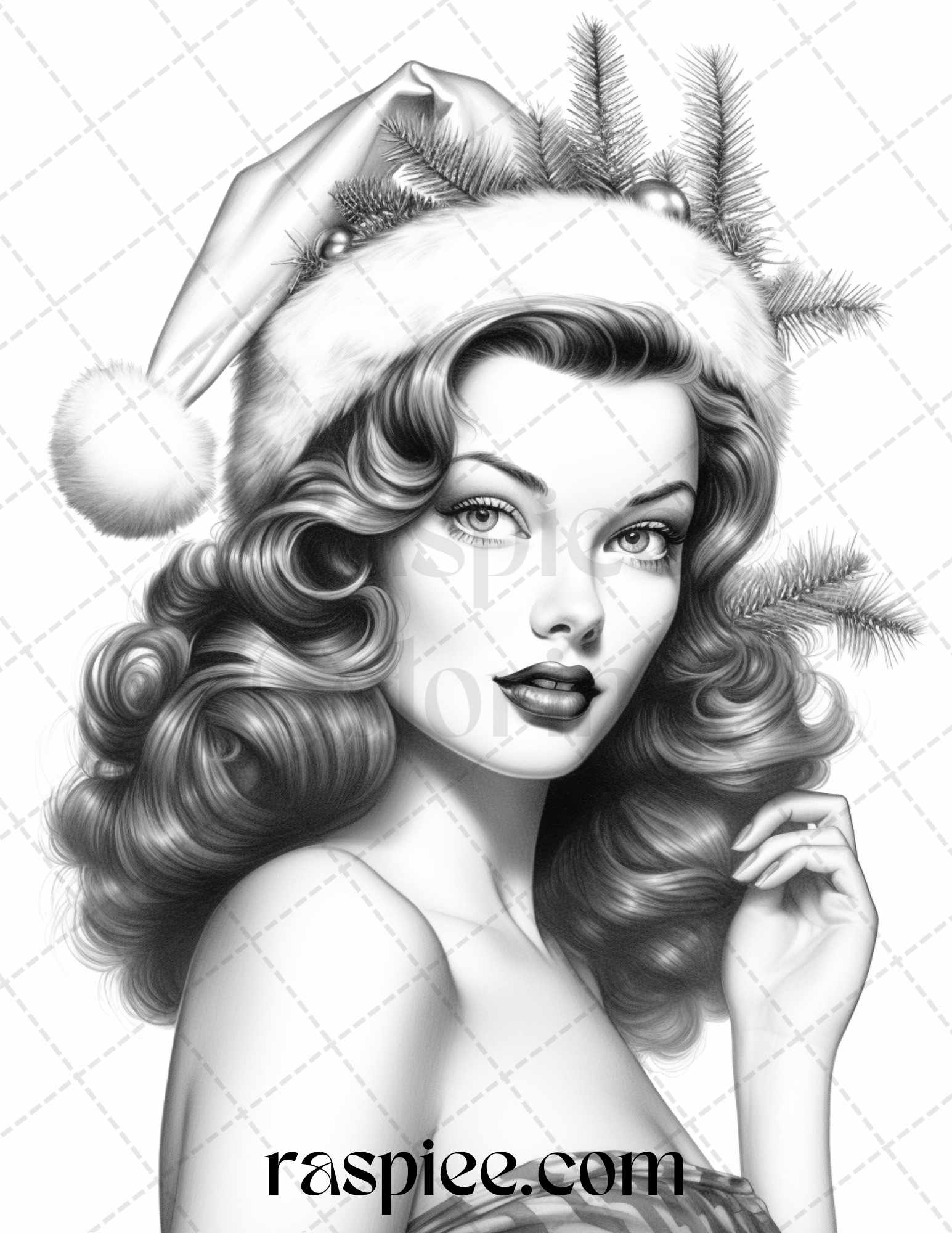 Vintage christmas pin up girls grayscale coloring pages for adults â coloring