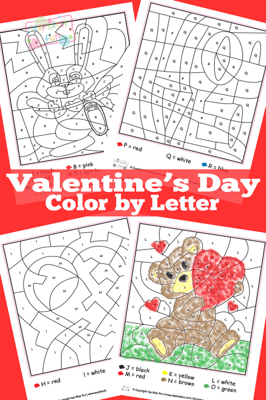 Valentines day color by letters worksheets