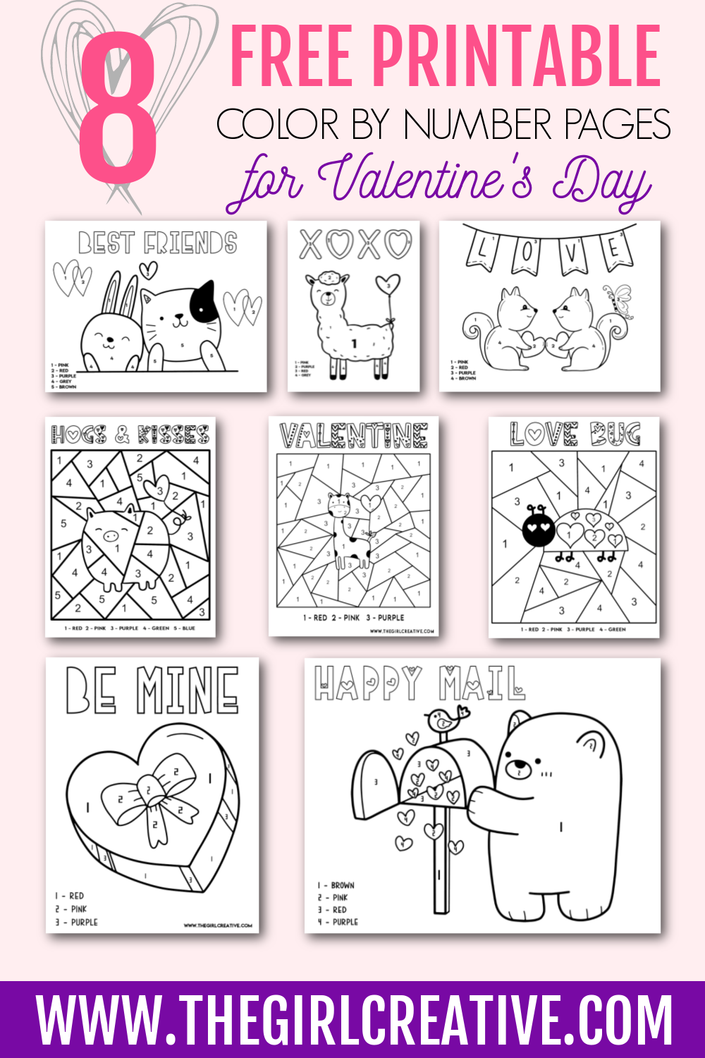 Free printable color by number valentine pages