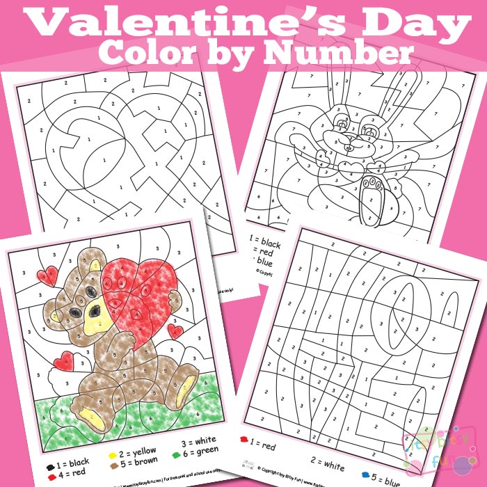 Valentines day color by numbers worksheets