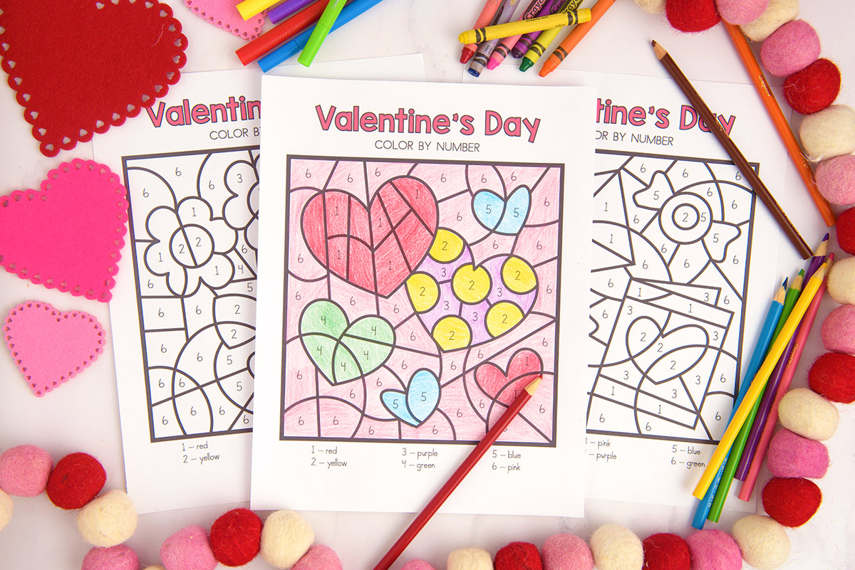 Valentines day color by number free printables