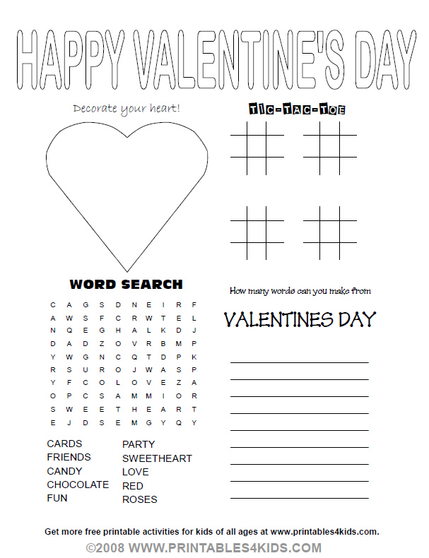 Valentines day party activity sheet â printables for kids â free word search puzzles coloring pages and other activities