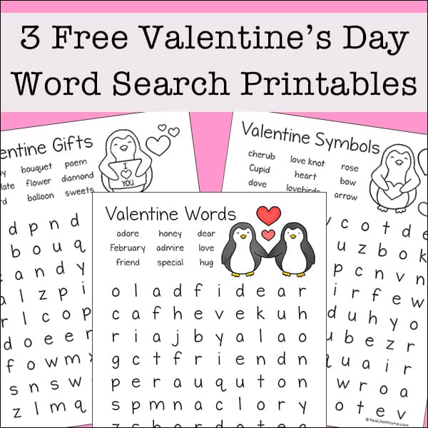 Free set of three valentines day word search printables for kids