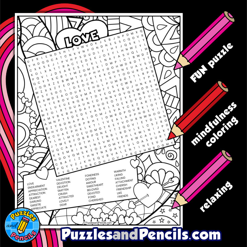 Love word search puzzle with coloring valentines day wordsearch made by teachers