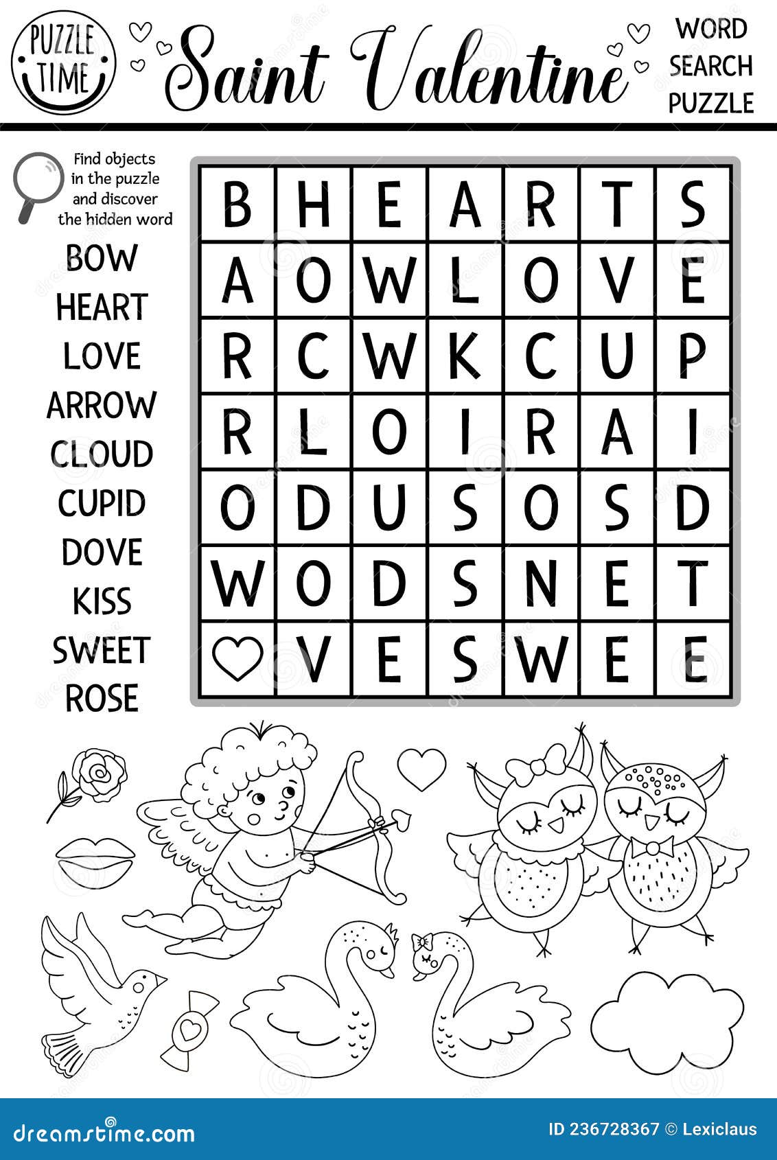 Vector saint valentine black and white wordsearch puzzle for kids love holiday crossword or coloring page stock vector