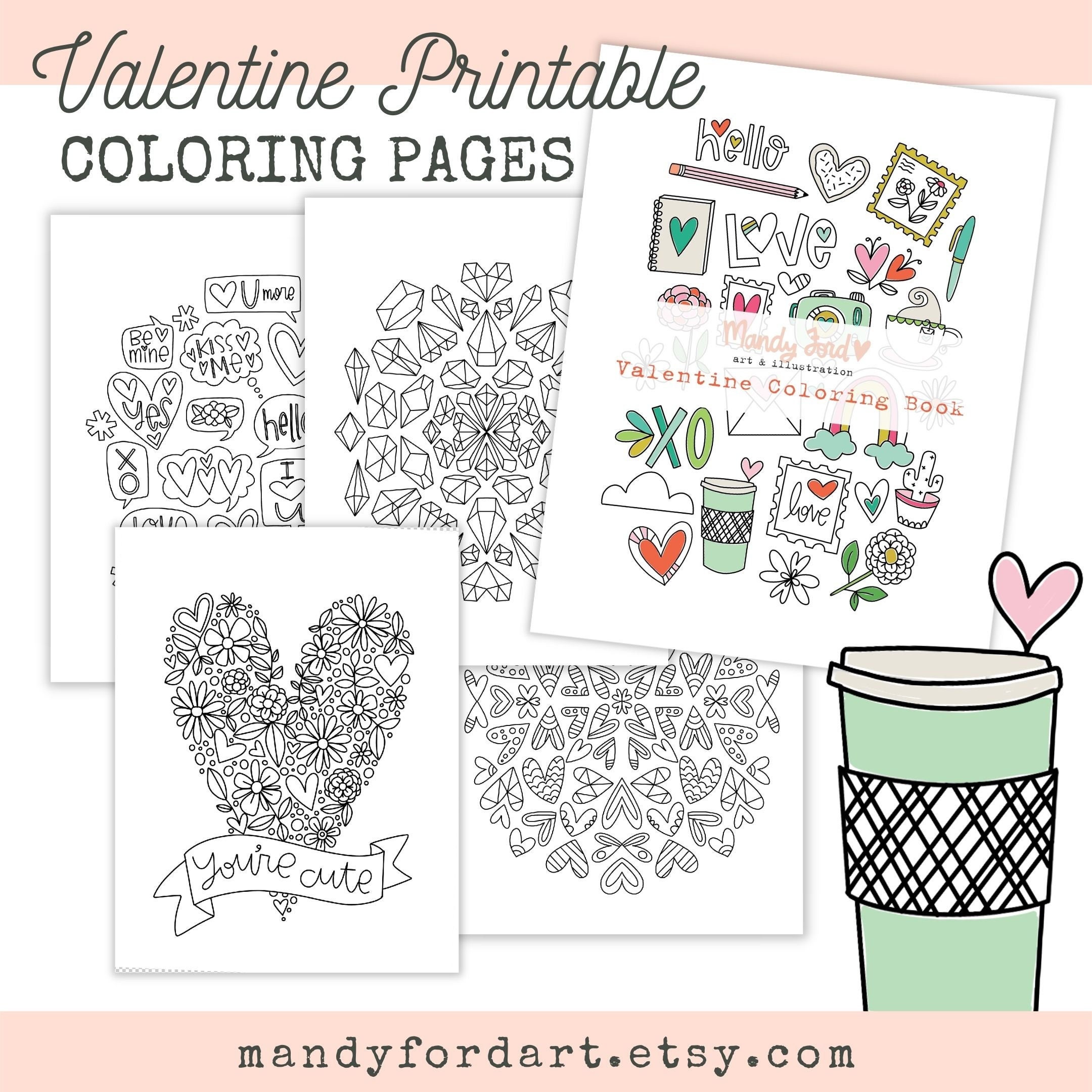 Printable valentines day coloring pages coloring book printable valentine printable digital download adult coloring pages