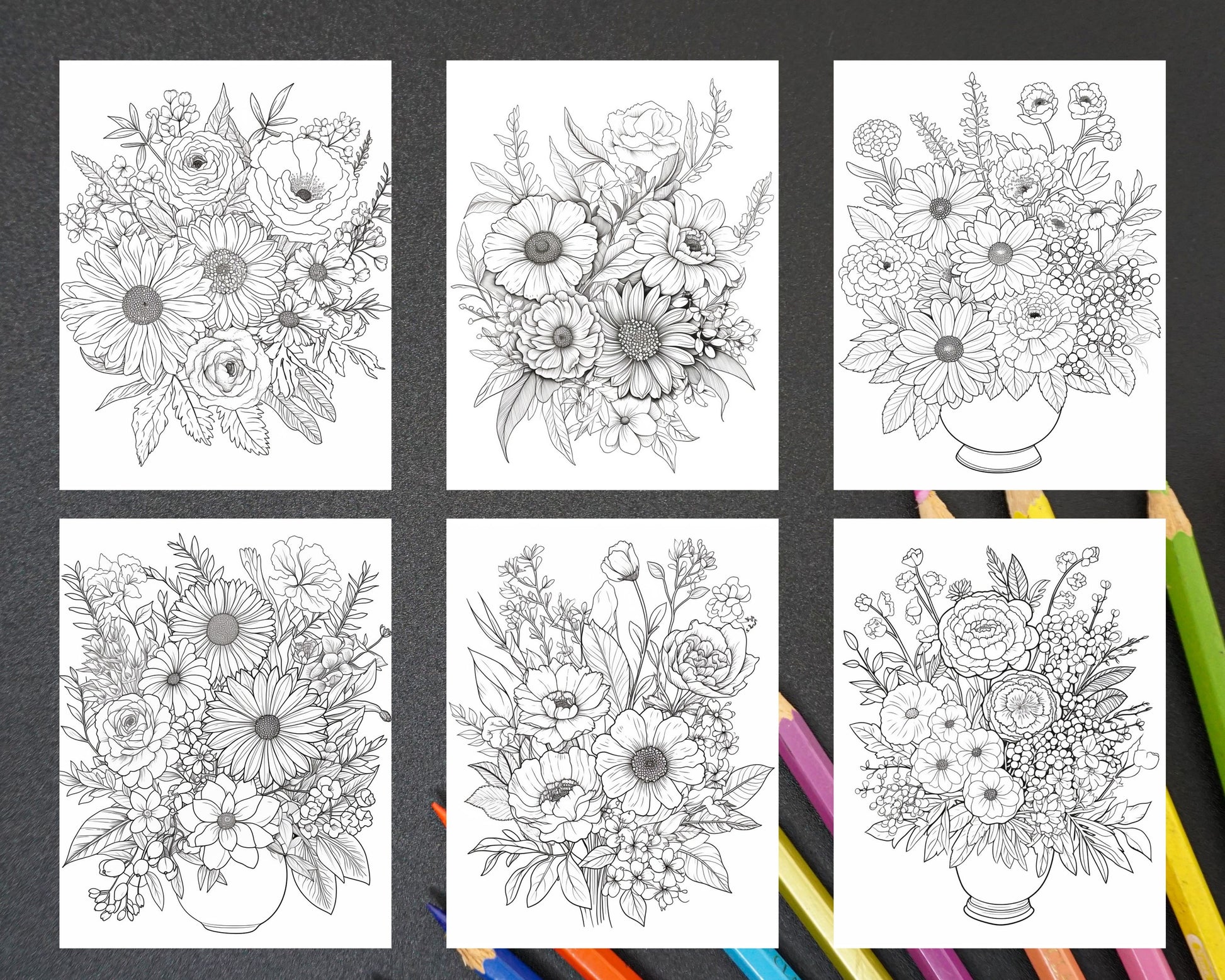 Printable flower vase coloring pages for adults floral grayscale â coloring