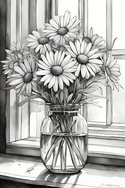 Premium ai image daisies in a vase coloring page coloring sketch black and white printable