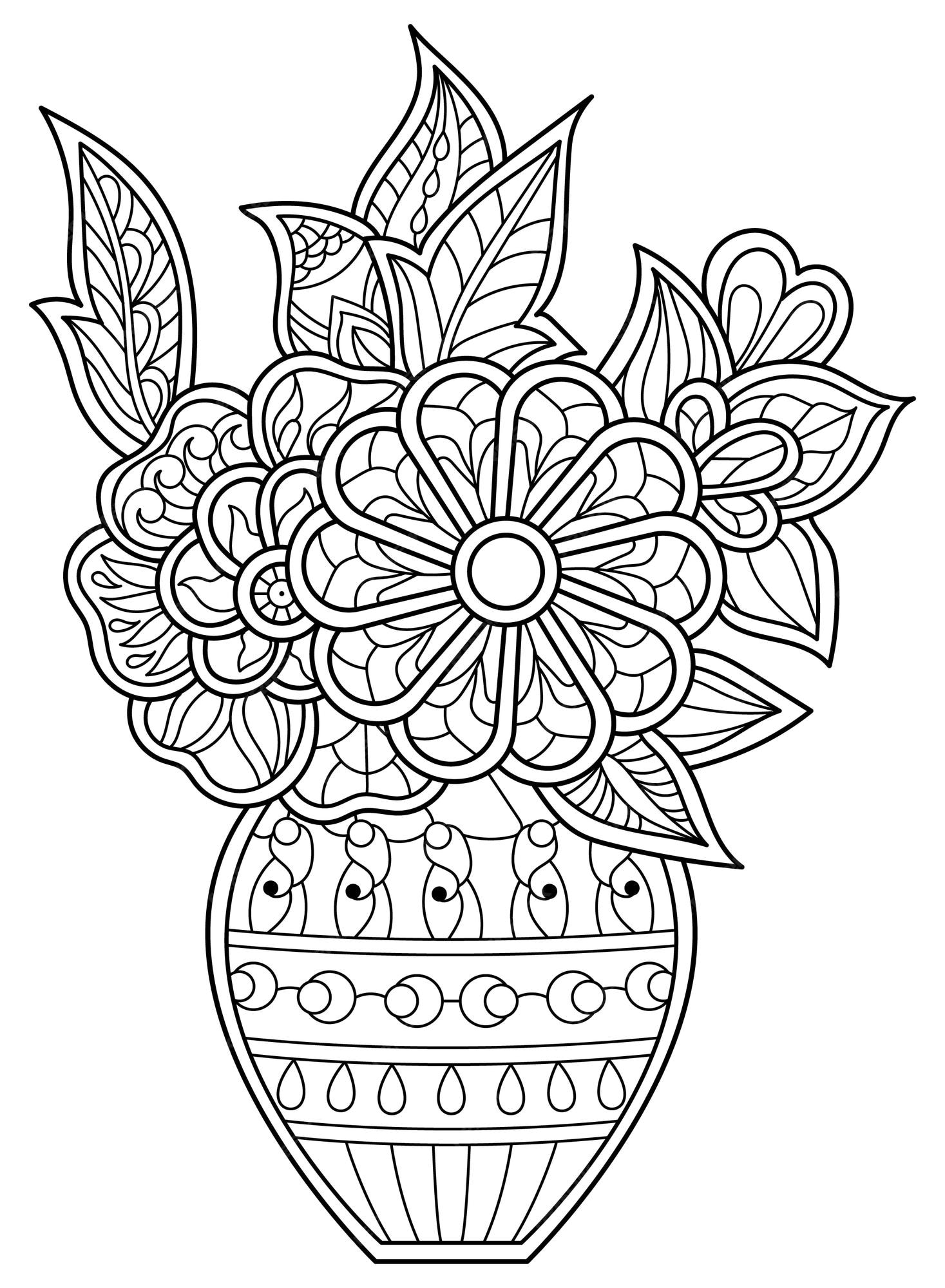 Premium vector vector outline illustration for antistress coloring book a vase with flower bouquet