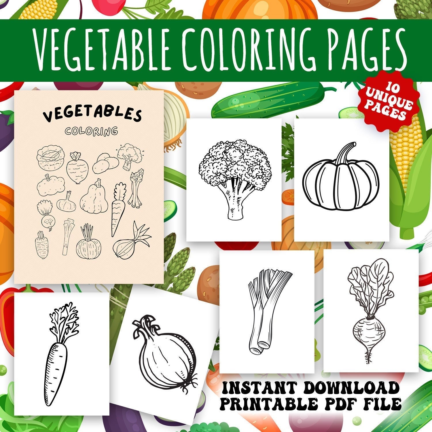 Printable vegetable coloring pages instant download coloring download kids coloring book classroom activity homeschool activity