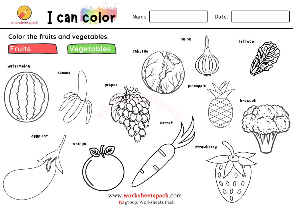 Printable fruits and vegetables coloring pages for kids