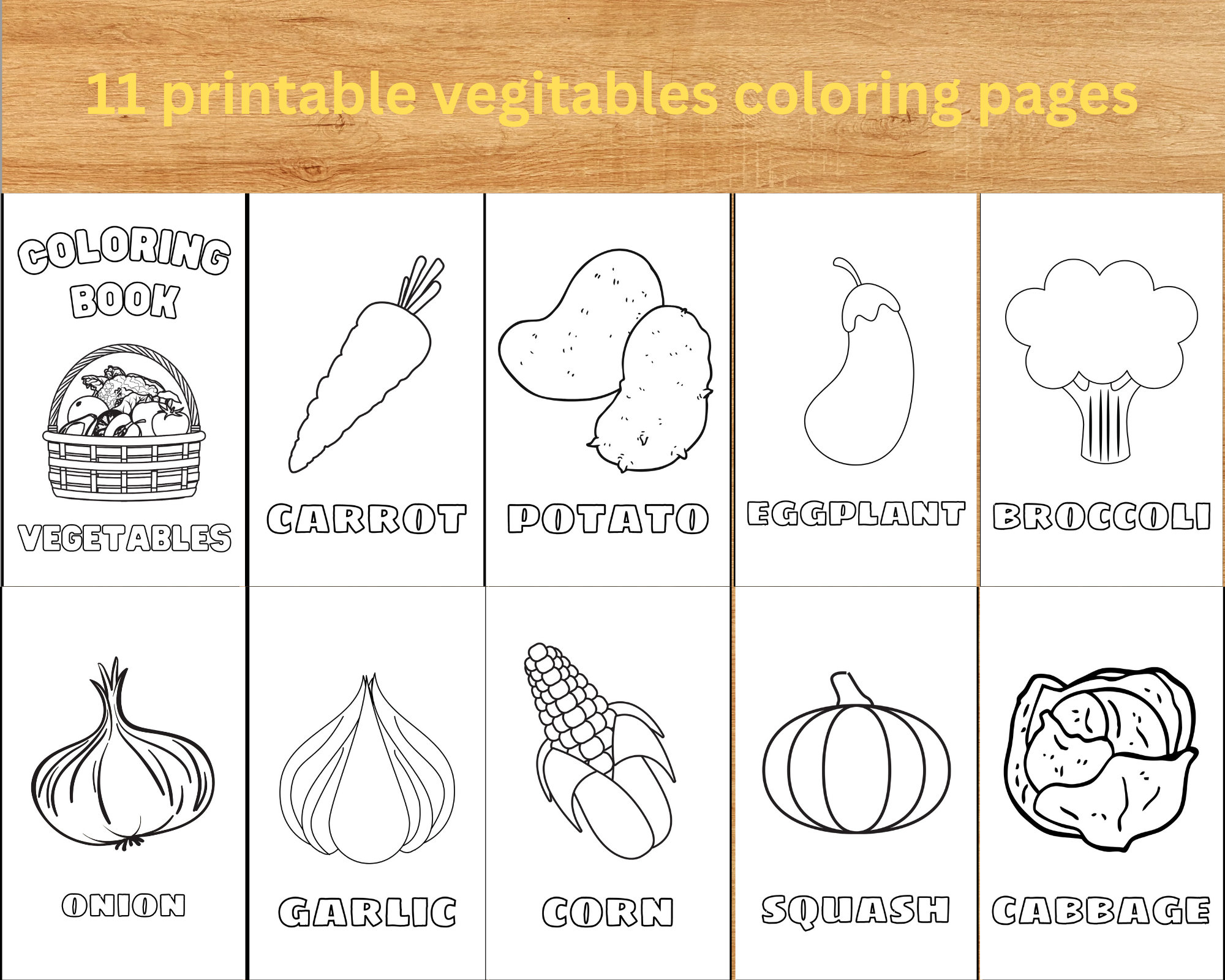 Vegetable coloring pages vegetable coloring book for kids adults boys girls printable vegetable activity worksheets instant download