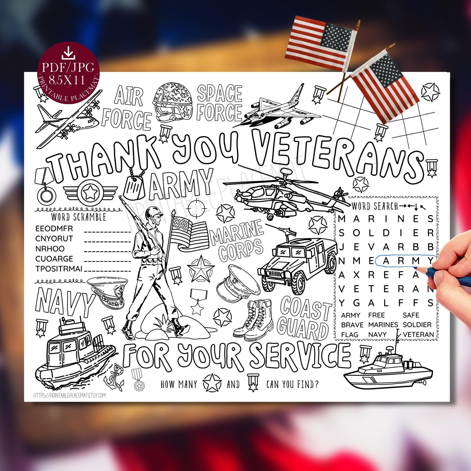 Veterans day placemat coloring page printable