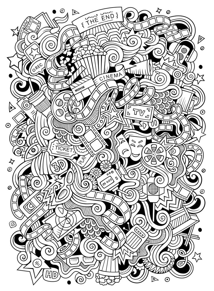 Different objects all linked to movies and cinema from the gallery doodling doodle art detailed coloring pages space coloring pages adult coloring pages