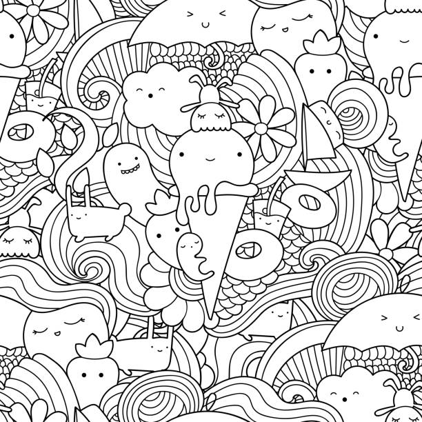 Vector doodle seamless pattern with ice cream fruits and waves stock illustration