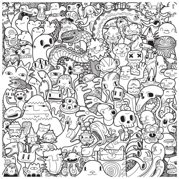 A cute hand drawn monster and alien creature black white doodle black and white doodle doodle art posters doodle drawings