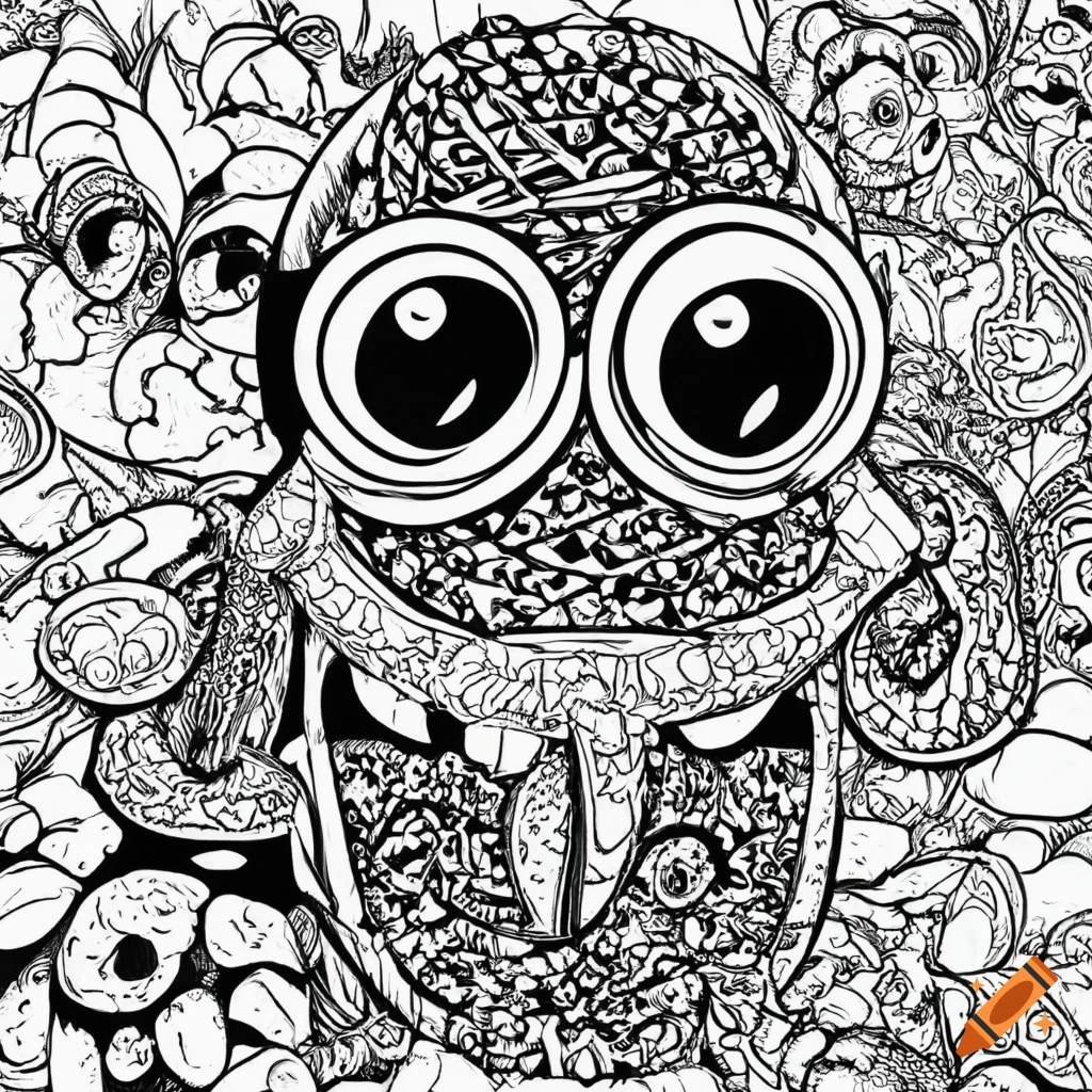 A monster eating ice cream in a style of colouring book with black and white background on