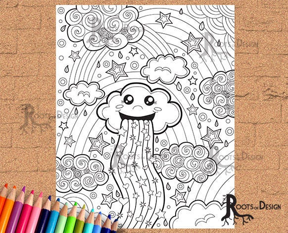 Instant download coloring page rainbow cloud print doodle art printable download now