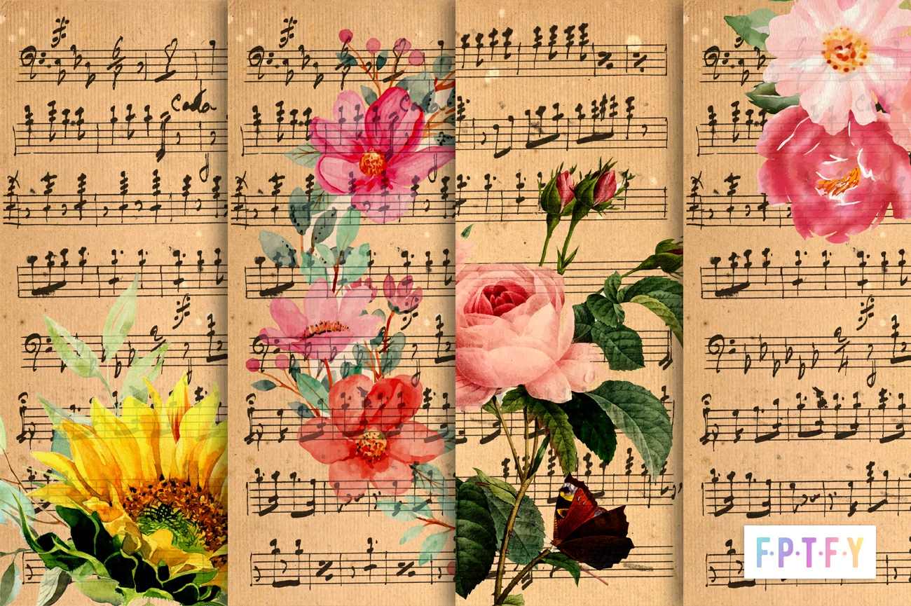 Free vintage floral music sheet digital paper backgrounds