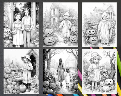 Vintage halloween trick or treat grayscale coloring pages printable â coloring