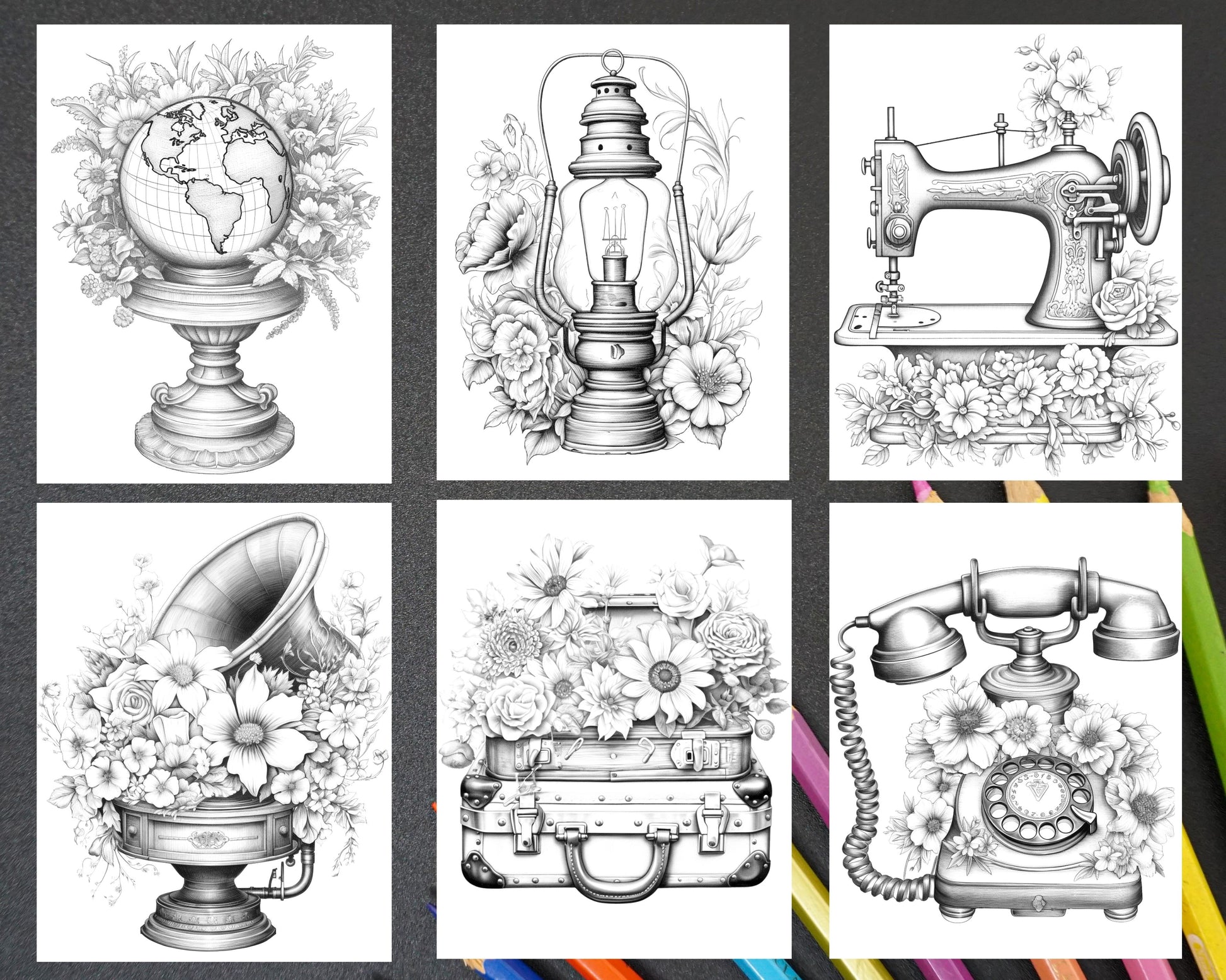 Vintage objects grayscale coloring pages printable for adults pdf â coloring