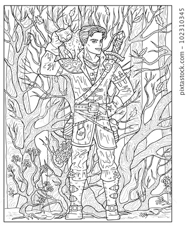 Vintage coloring page with handsome warlock