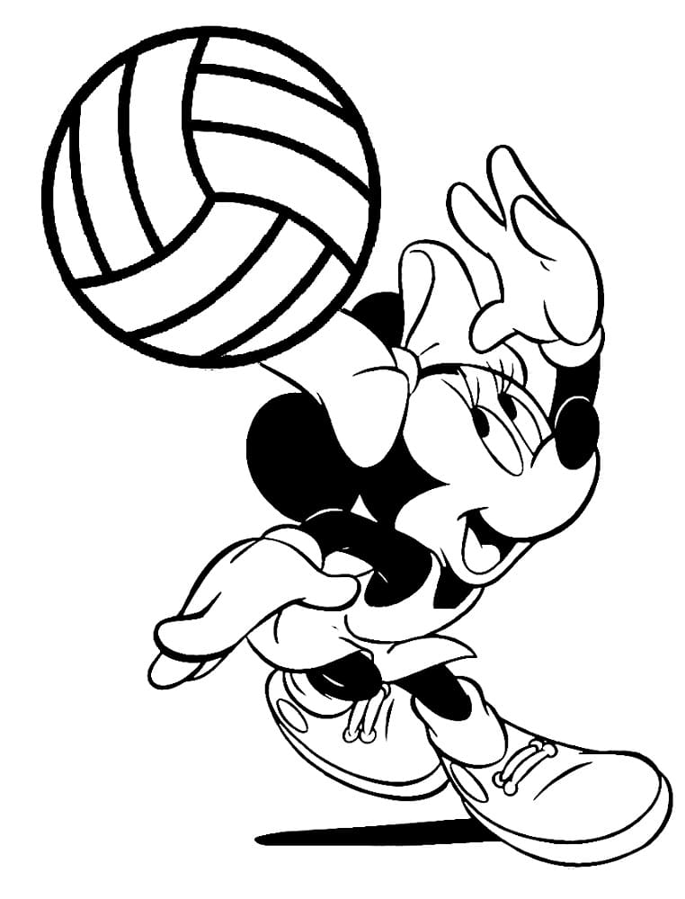 Minnie mouse is playing volleyball coloring page